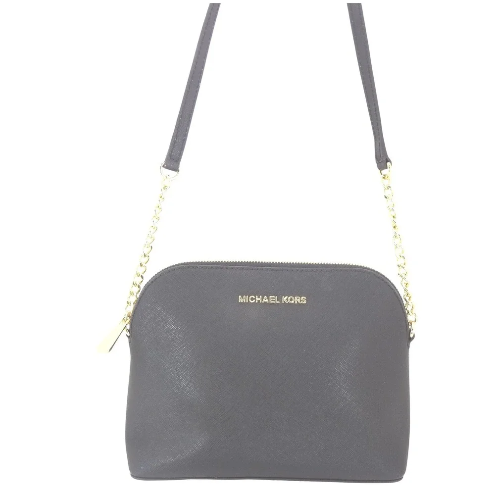 Michael Kors Cindy Dome Crossbody Black Excellent Saffiano Leather Gold Chain